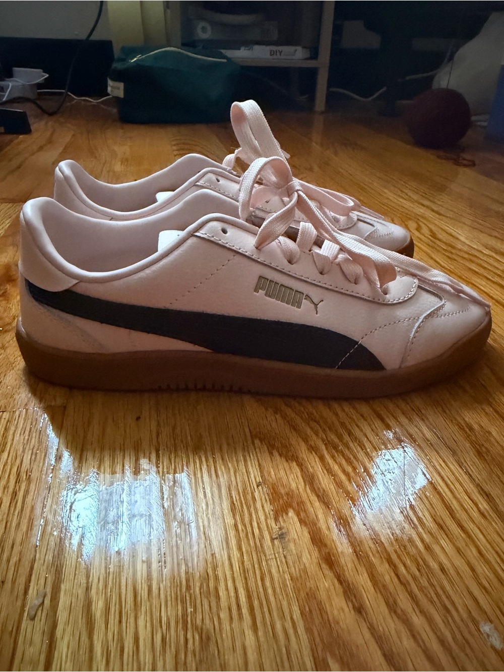 Puma Kids Light Pink Sneakers with Navy Blue Stripe and Gum Sole